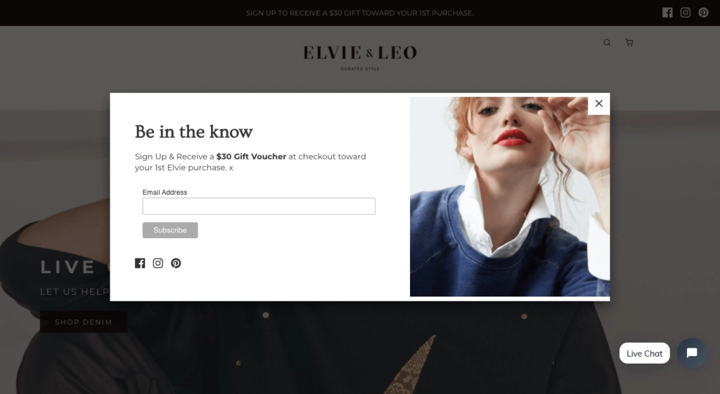 An example of newsletter signup popup (overlay) on a website
