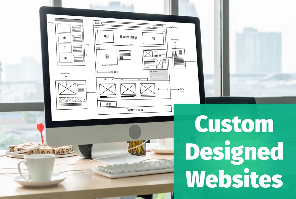 A computer with a custom designed website being designed on the screen.