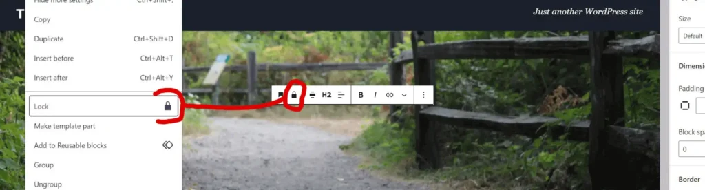 A screenshot demonstrating how to lock blocks and templates in the WordPress editor screen.