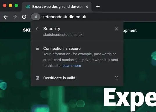 The security message on the SketchCode Studio website.