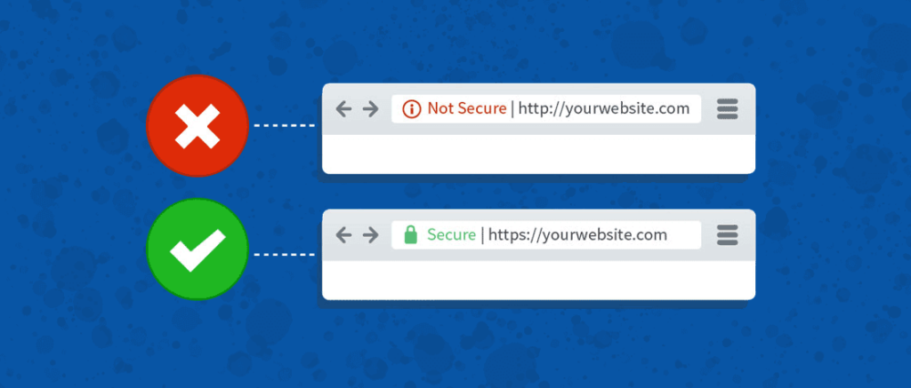 An example of when a website says not secure which means it does not have an SSL certificate installed compared to one that does.
