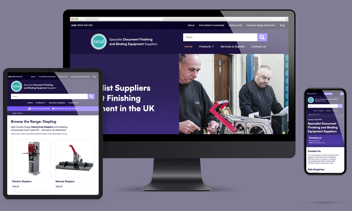 The eCommerce business website for Total PFS displayed across a range of devices, including an iMac, an iPad and a smartphone